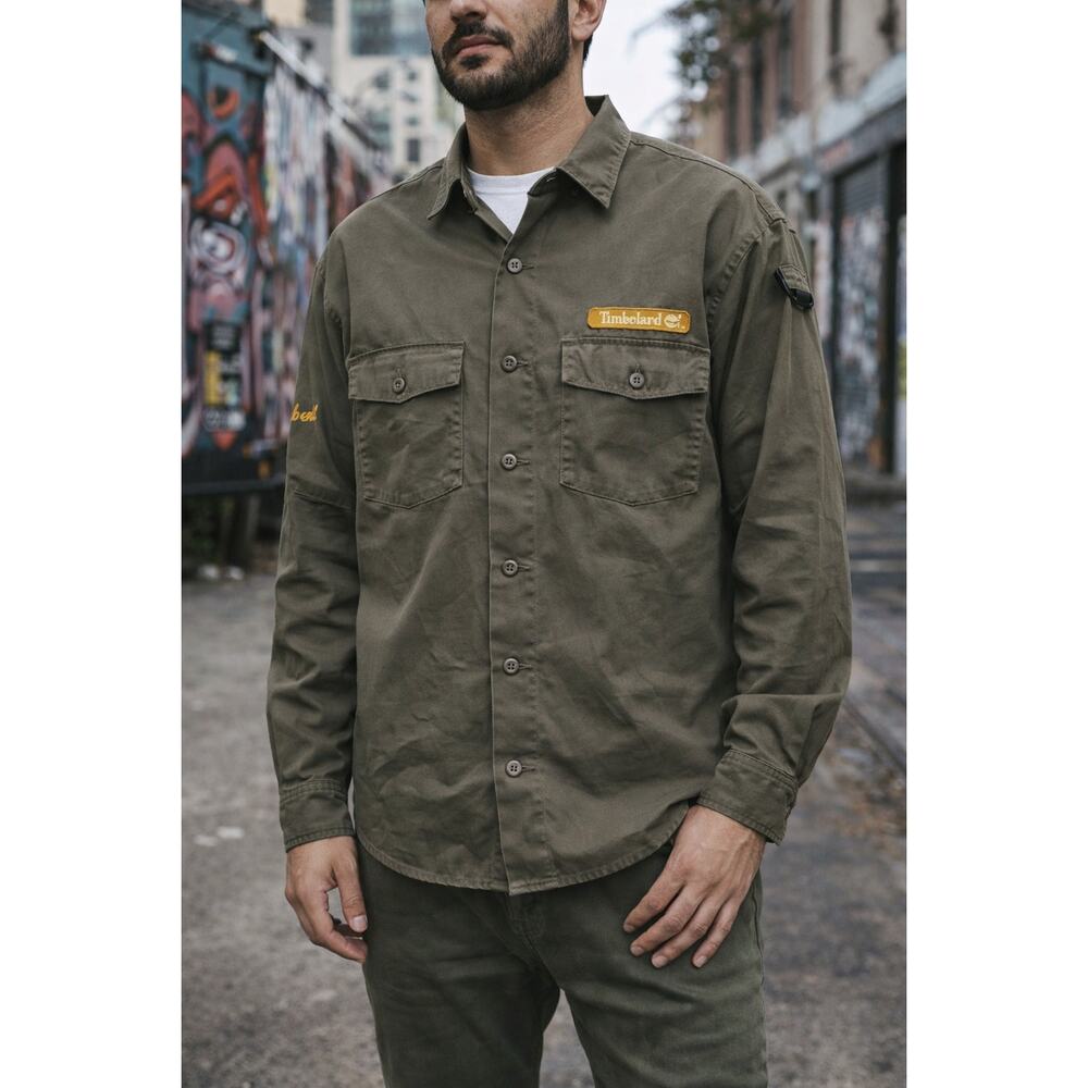 Timberland Olive Green Button Front Shirt Mens Large L‎ Workwear Utility
